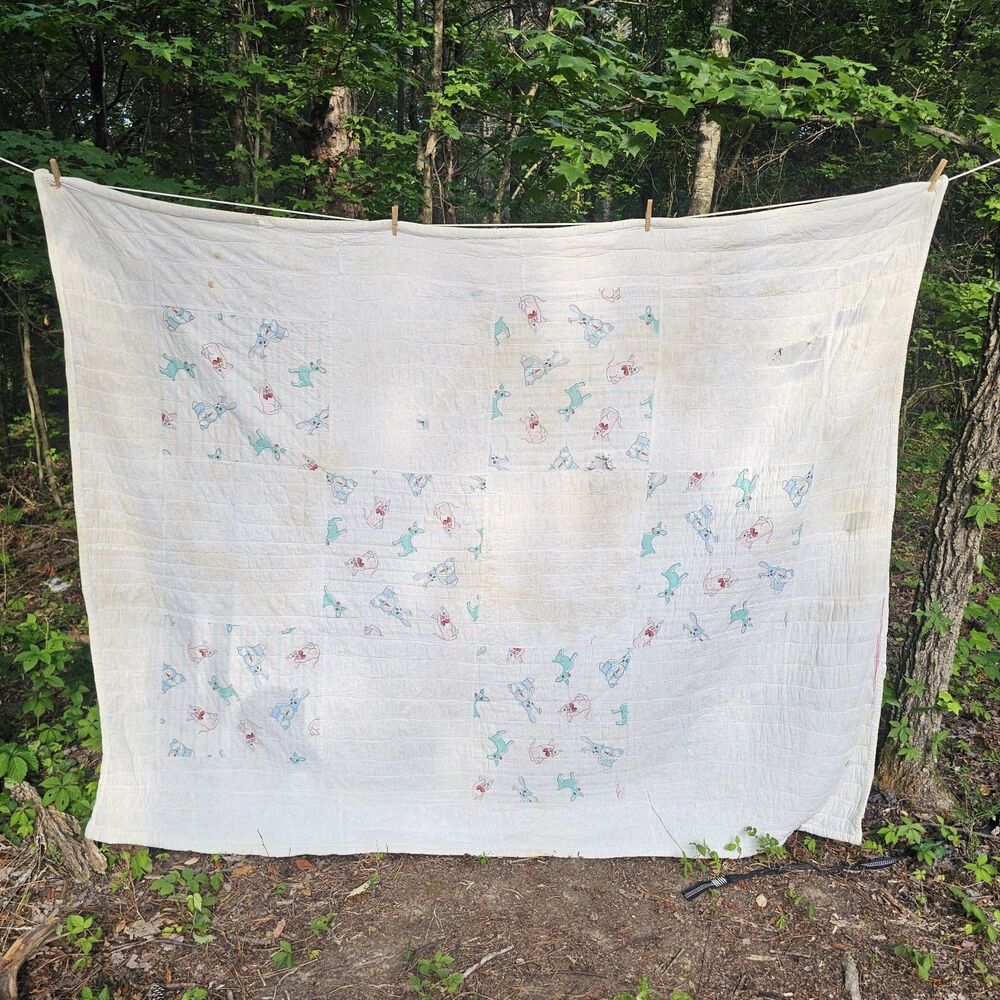 Vintage Handmade Baby/Child’s Cutter Quilt 1930s-50s Pastel Novelty Print 67x84
